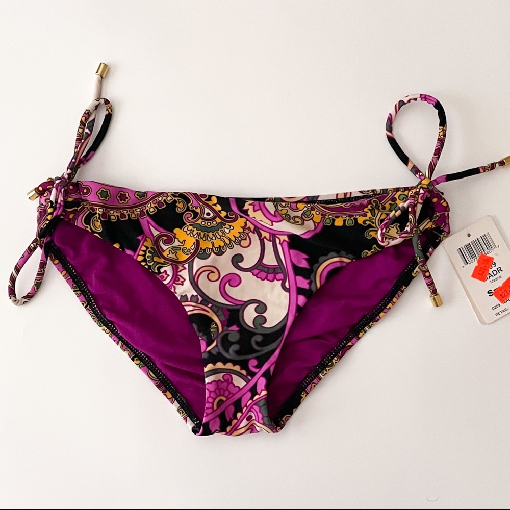 Swim Systems Black Purple Ivory Side Tie Madrid Bikini Bottom NWT Small Mandala